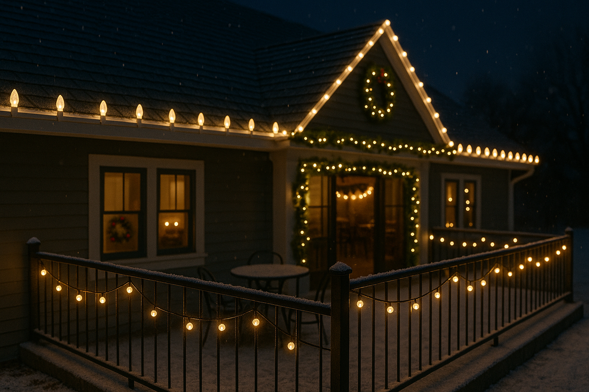 Commercial venue with garlands and patio lights